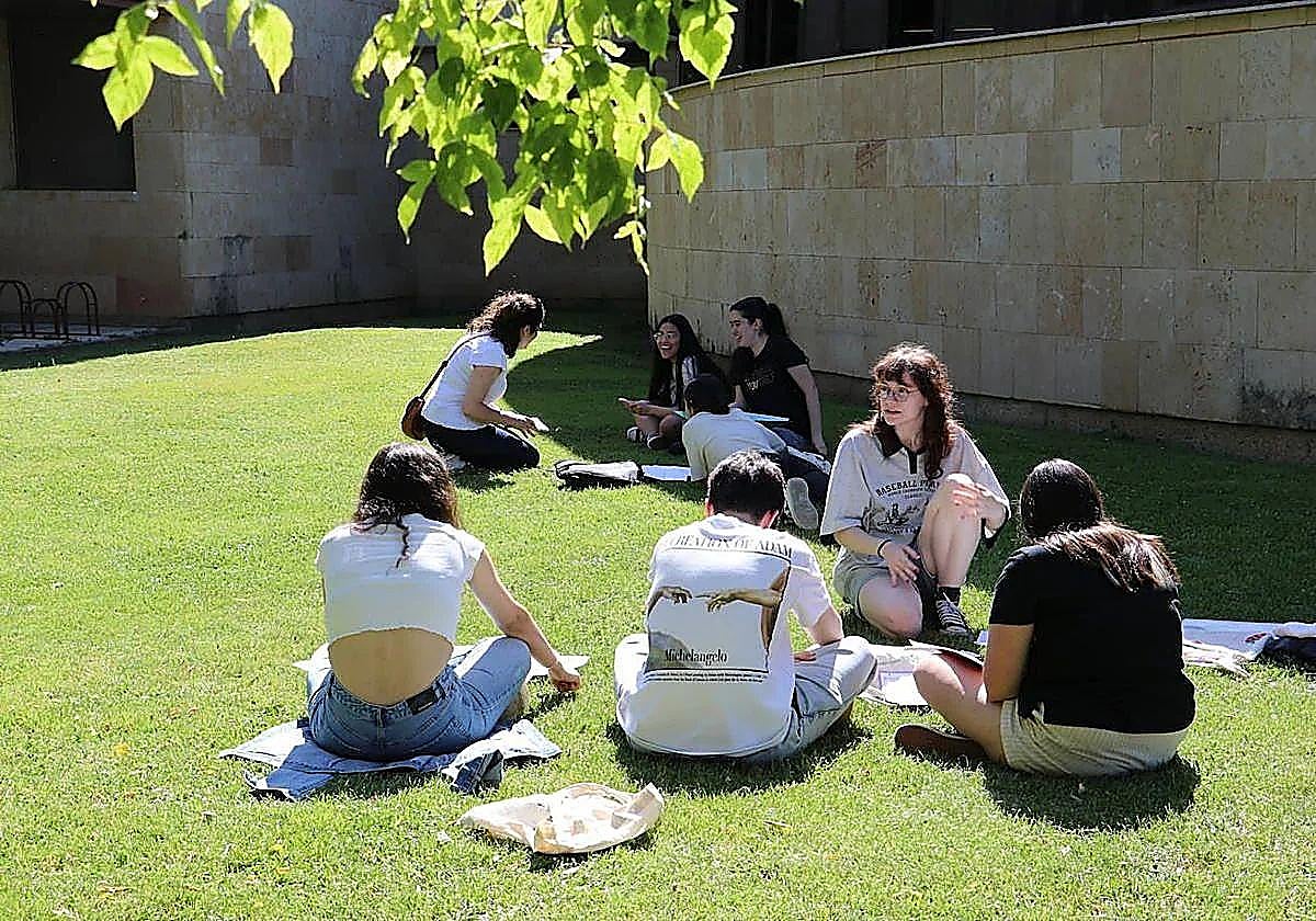Un grupo de jóvenes repasa ante un examen.
