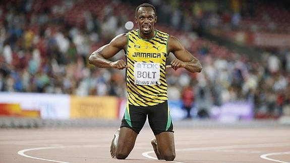 Bolt, de celebración en los Mundiales de China. 