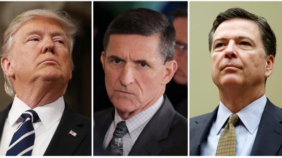 Combo de imágenes de Donald Trump, Michael Flynn y James Comey.