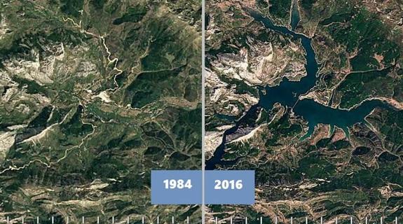 Imagen de Riaño en 1984 y 2016 a través de Google Earth.