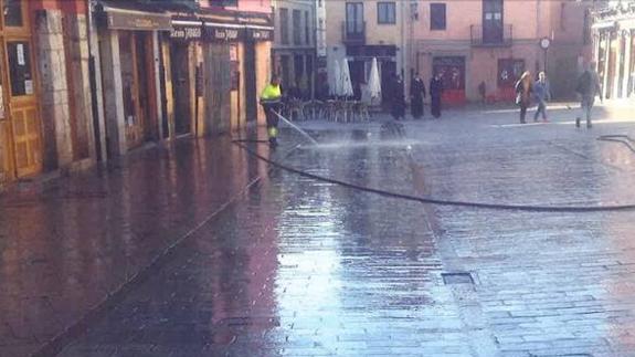 Un operario limpia la Plaza de San Martín. 