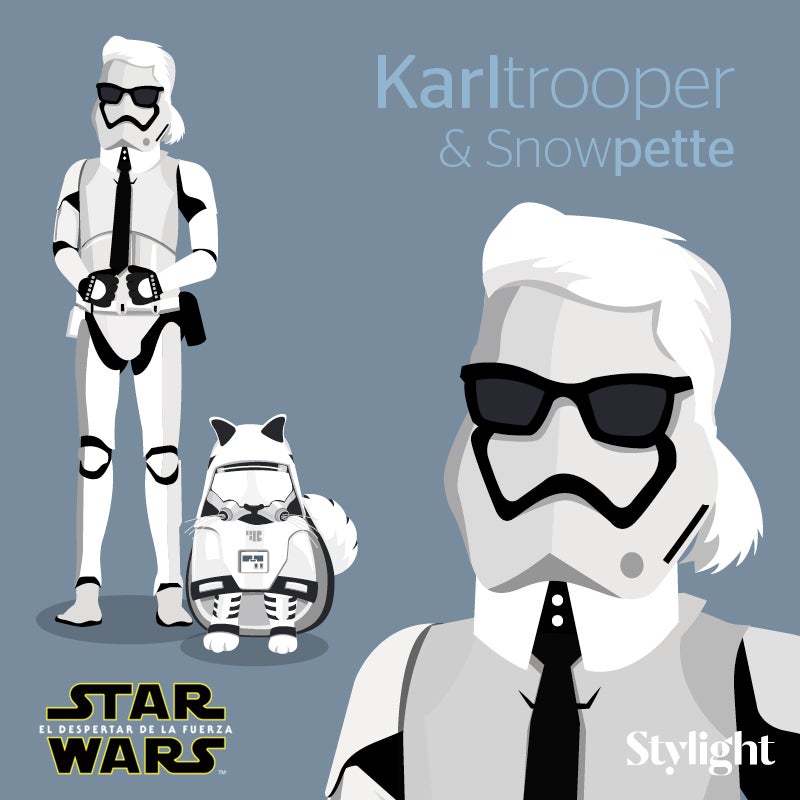 Vestimos a Karl Lagerfeld con el distintivo uniforme blanco de los “Stormtroopers”. ¡Hasta su pequeño compañero peludo Choupette parece que nació para ser un mini soldado de la tropa imperial!