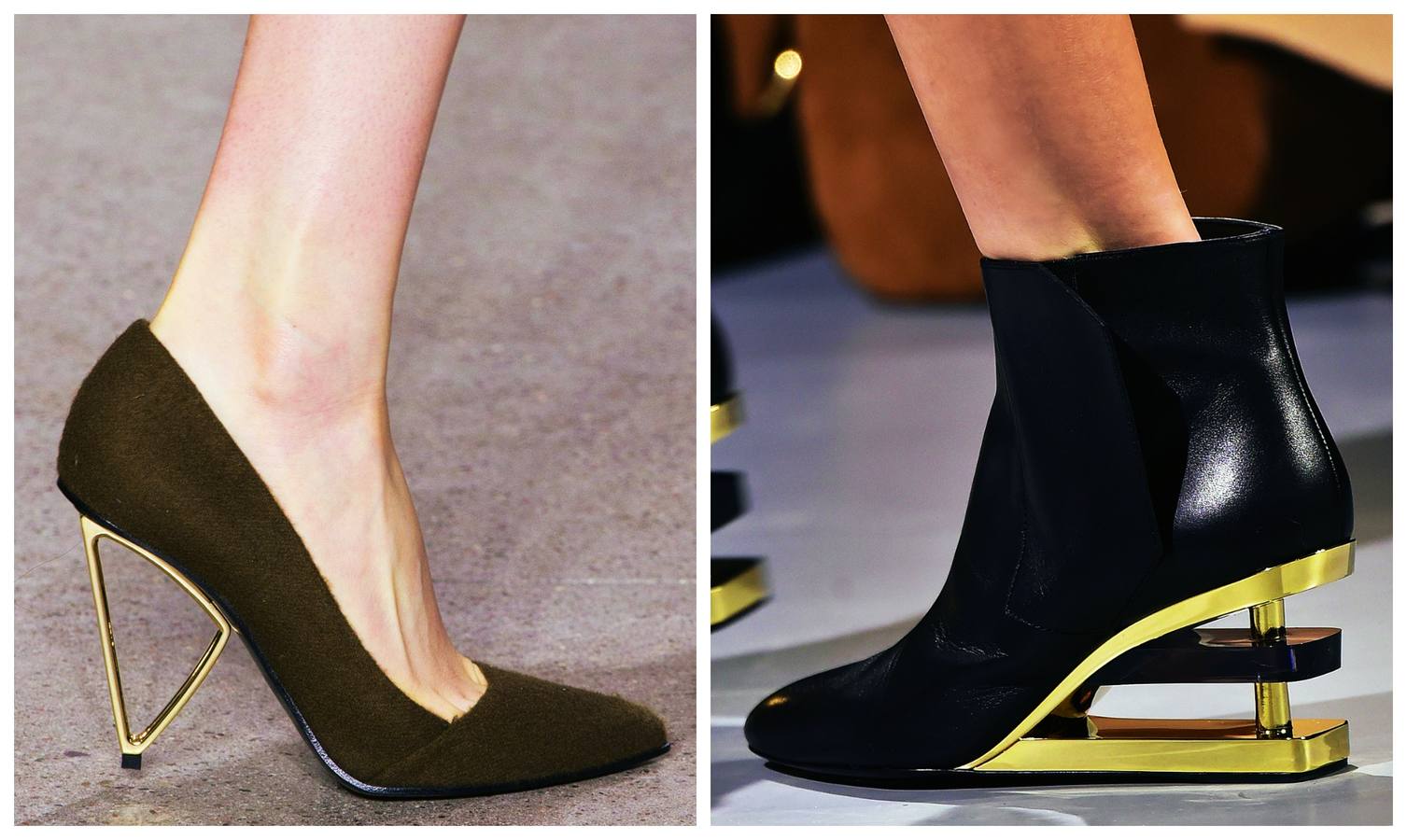 El zapato, clásico; el tacón, extravagante. Esta es la norma que parecen haber seguido muchos creadores esta temporada con su apuesta por diseños de líneas puras en los que el impacto está en el tacón, que se convierte casi en una escultura de metal. (En versión zapato de salón -Jason Wu) o botín -Paco Rabanne).