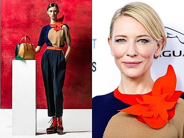 A la izquierda, el look de la colección Pre-Fall 2016 de Delpozo; a la derecha, primer plano de Cate Blanchett con él, y detalle de la flor en relieve que lo adorna.