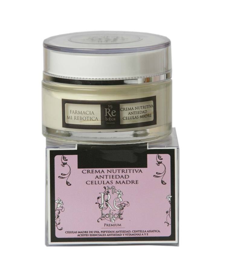 Crema nutritiva antiedad y antirradicales libres, ideal para el cuidado diario de las pieles maduras y secas. Con aloe vera regenerador, vitaminas A y E, nutrientes y antioxidantes, extracto de centella asiática remineralizante, péptidos antiedad y células madre liposomadas de la vid. Polipeptidos Arginina/Lisina: estimulan la síntesis y regeneración de la matriz extracelular, inhiben la degradación del colágeno e incrementan la producción de Collagen I, III, V, Gags, Decori. (Precio: 27€, 50 ml, de venta en farmacias).