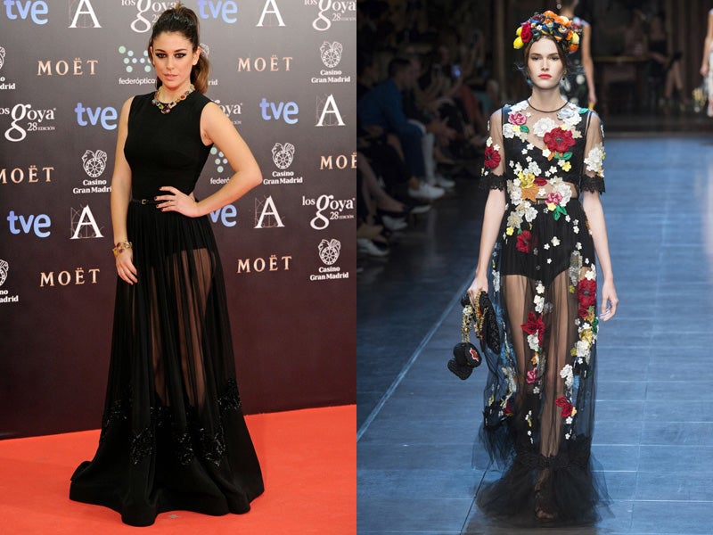 El negro siempre le ha resultado una opción acertada sobre la alfombra roja de los Goya por lo que nuestra sugerencia es este modelo de encaje con flores bordadas.