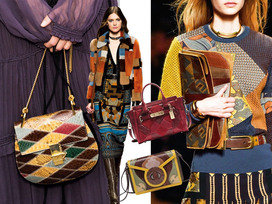 La técnica de coser piezas de diferentes piezas y lograr un conjunto armónico lleva siglos destinada a la ropa de casa. Todos nos imaginamos el patchwork en esas colchas cosidas a mano, retal por retal, por nuestras abuelas. Pero ese método de pieza a pieza ha subido también a la pasarela. Eso sí, en versión glam. Y no solo en prendas, como propone Etro: en los bolsos es donde encuentra sus mejores aliados. (Chloe, Etro, Coach, Maliparmi, Etro)