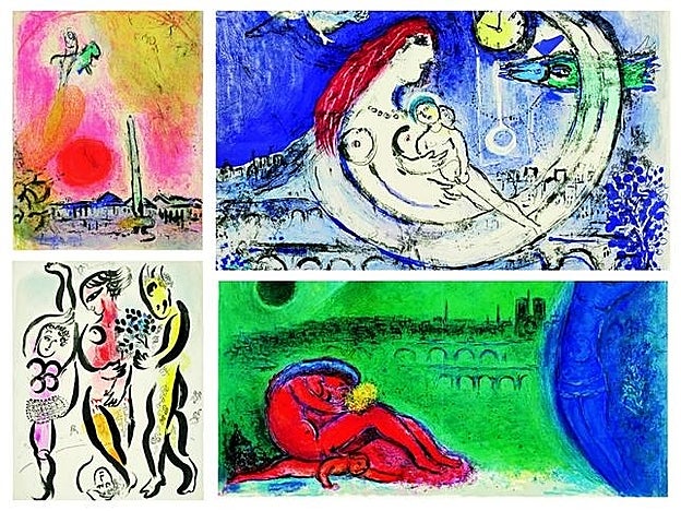 De izquierda a derecha y de arriba a abajo: Place de la Concorde (1960), Paisaje azul (1958), Los tres acróbatas (1957) y Muelle de la Tournelle (1960).