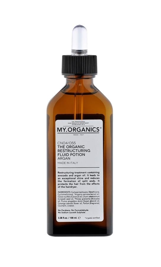 Aceite reestructurante e hidratante gracias al aceite de argán y al de aguacate. Aporta brillo al cabello, ayuda a controlar el encrespamiento, a evitar las puntas abiertas y a proteger el cabello del calor térmico. Su fórmula ligera hace que no engrase el cabello ni le aporte peso. (Precio: 19€, 50 ml, en www.myorganics.info).
