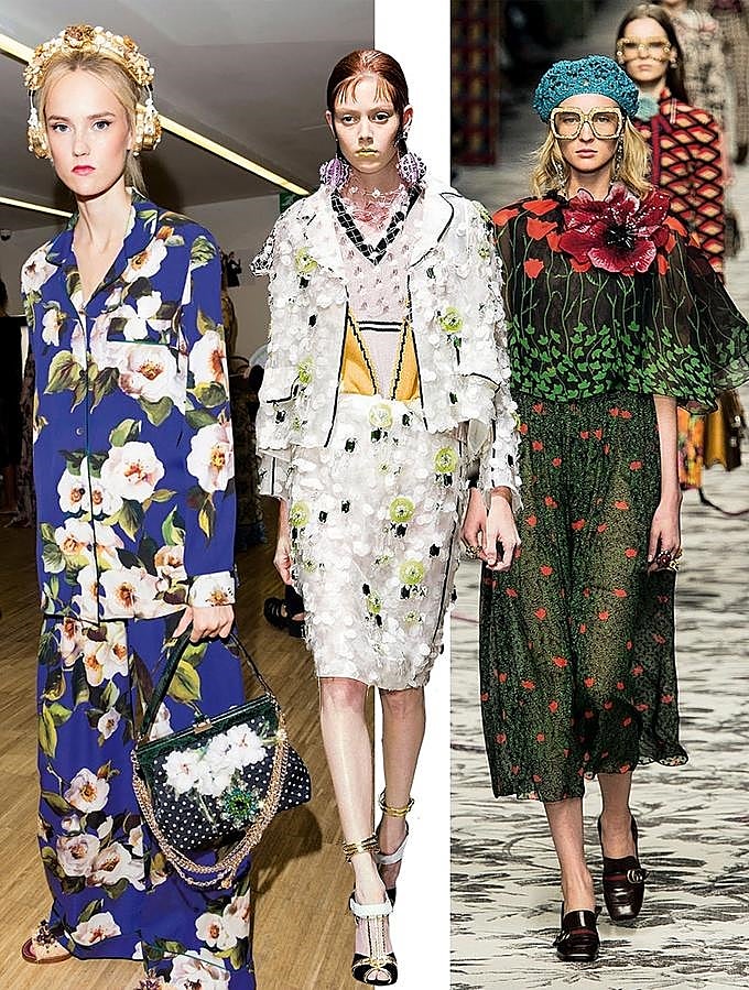 No hay primavera sin flores. Y aunque sean una obviedad, las esperamos cada año con la misma ilusión. Esta vez vienen en relieve, como bordados joya o en clásicos estampados. Si lo que quieres es diferenciarte, llévalas en un total look de dos piezas. (Dolce & Gabanna, Prada, Gucci)