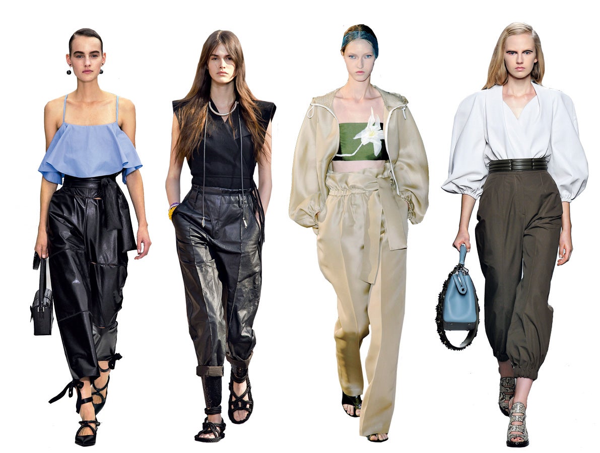 Los pantalones no parecen tener miedo a las alturas. Por lo menos en cuanto a cintura se refiere. Para la primavera, las propuestas de la pasarela de Phillip Lim o Fendi, entre otros, dejan claro cómo hay que llevarlos, anchos pero marcando curvas y con mini tops o blusas por dentro. Es la silueta del éxito. (Ferragamo, Isabel Marant, Phillip Lim, Fendi)