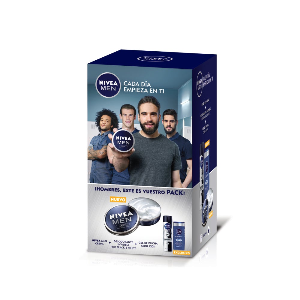 Perfecto para cuidar la piel de todo el cuerpo, cuenta con la crema multi-uso desarrollada específicamente para los hombres, Nivea Men Creme, que hidrata cara, cuerpo y manos sin dejar sensación grasa. Desodorante Invisible Black & White y Gel de Ducha Cool Kick. (Precio orientativo: 6,99€).