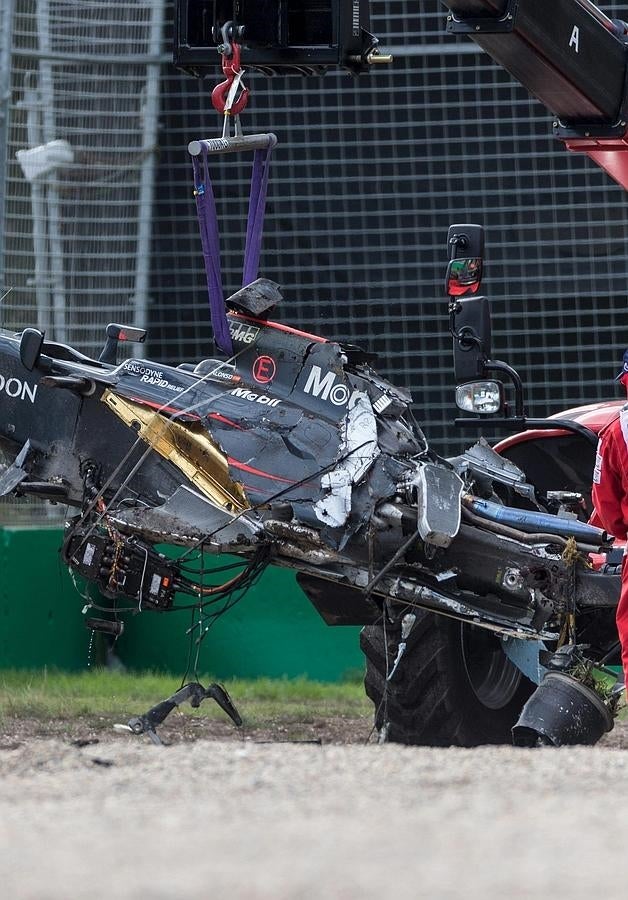 El monoplaza quedó en estas condiciones tras el accidente que Fernando Alonso tuvo al chocar con Esteban Gutiérrez.