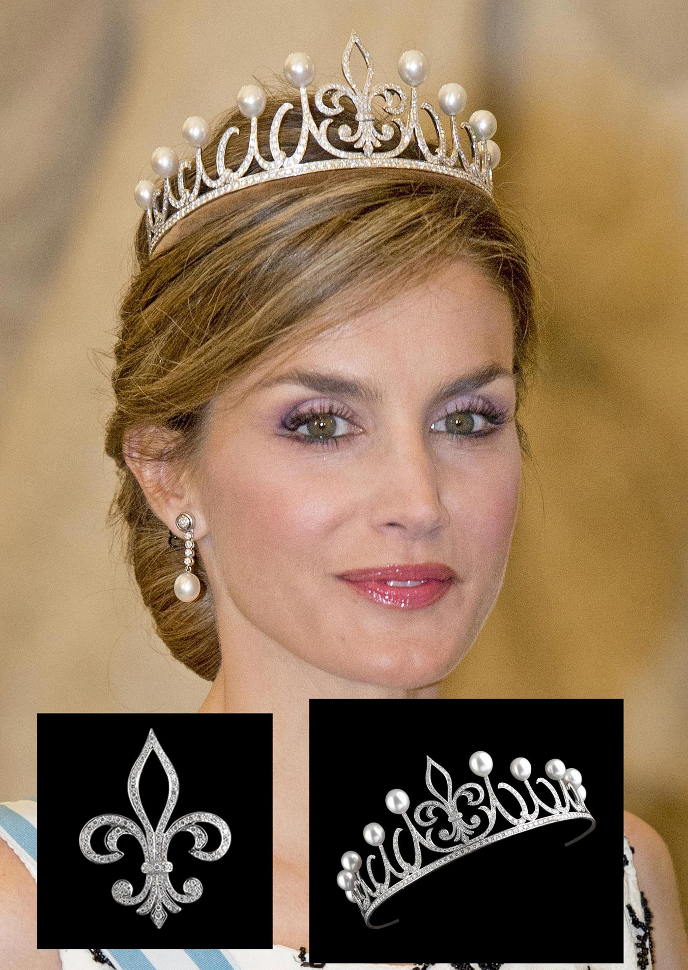 En su quinto aniversario de boda recibió un regalo muy especial de su marido: una diadema de diamantes y perlas de la Casa Ansorena que aun no había estrenado. Ha estado mucho tiempo guardada –hasta hace un año, en el 75 cumpleaños de Margarita de Dinamarca–, porque, en un acto de gran prudencia, decidió que en medio de la crisis no era el mejor momento para mostrarse en público con una pieza de alta joyería. En las distintas cenas de gala o bodas reales a las que había acudido, optó por utilizar las históricas diademas pertenecientes a la Casa Real. No fue un encargo de don Felipe para su esposa, sino una iniciativa de Alfonso Mato, de la joyería Ansorena, que se la enseñó al hoy Rey, a quien le gustó la idea. Fue toda una sorpresa para ella, quien no esperaba un objeto tan valioso. La nueva tiara de oro blanco, 450 diamantes talla brillante y diez perlas cuenta con una flor de lis como pieza central, alrededor de la cual surgen roleos de diamantes en forma de media luna y diez perlas australianas. Su versatilidad estriba en la posibilidad de que la flor de lis puede ser utilizada como broche, algo que sí que había hecho antes.