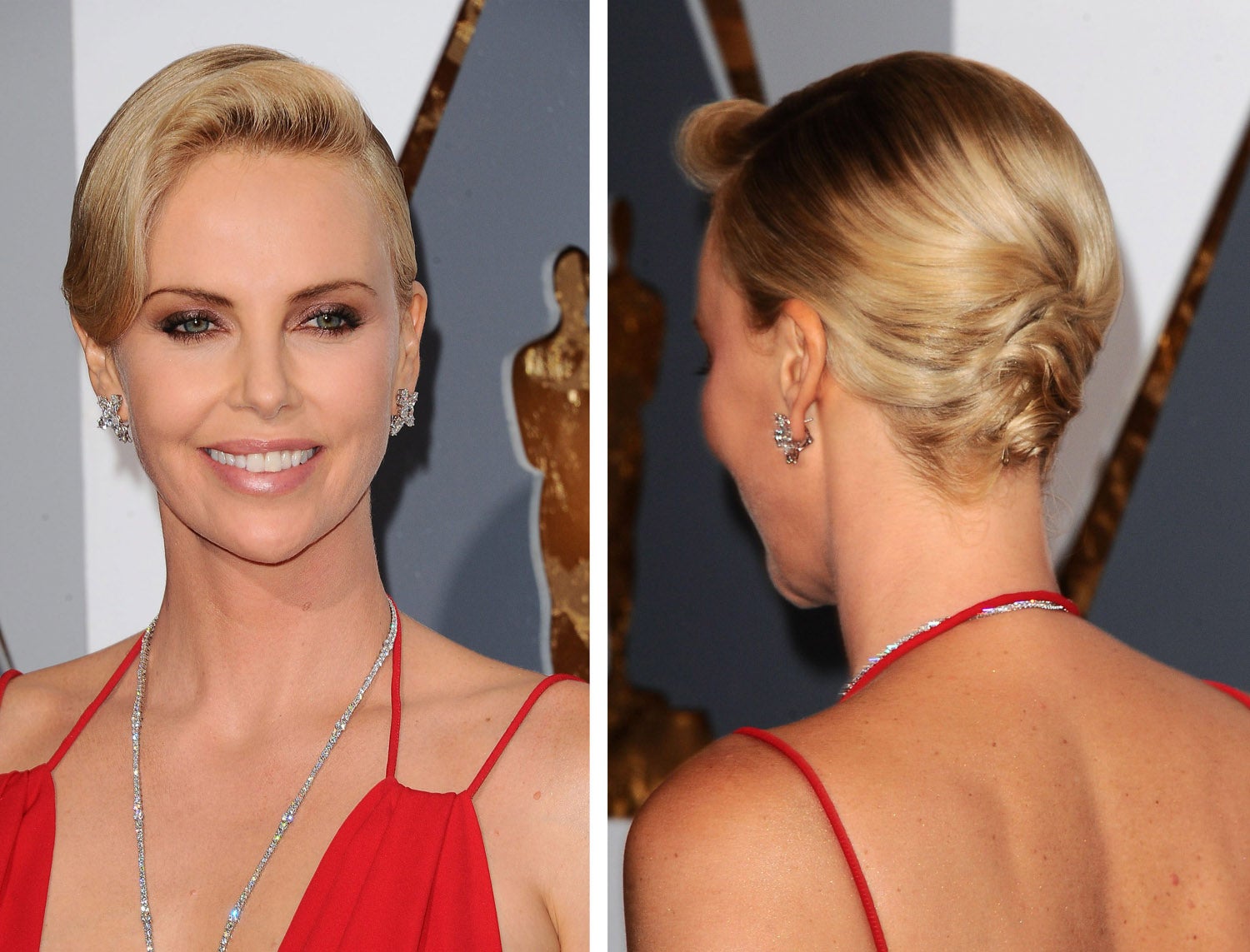 Si tienes un bob o media melena, copia el peinado que Charlize Theron lució en los Oscar 2016. Aplica un producto texturizador a tu pelo, recógelo detrás con horquillas y hazte un tupé retro. Un peinado que te convertirá en la invitada perfecta.
