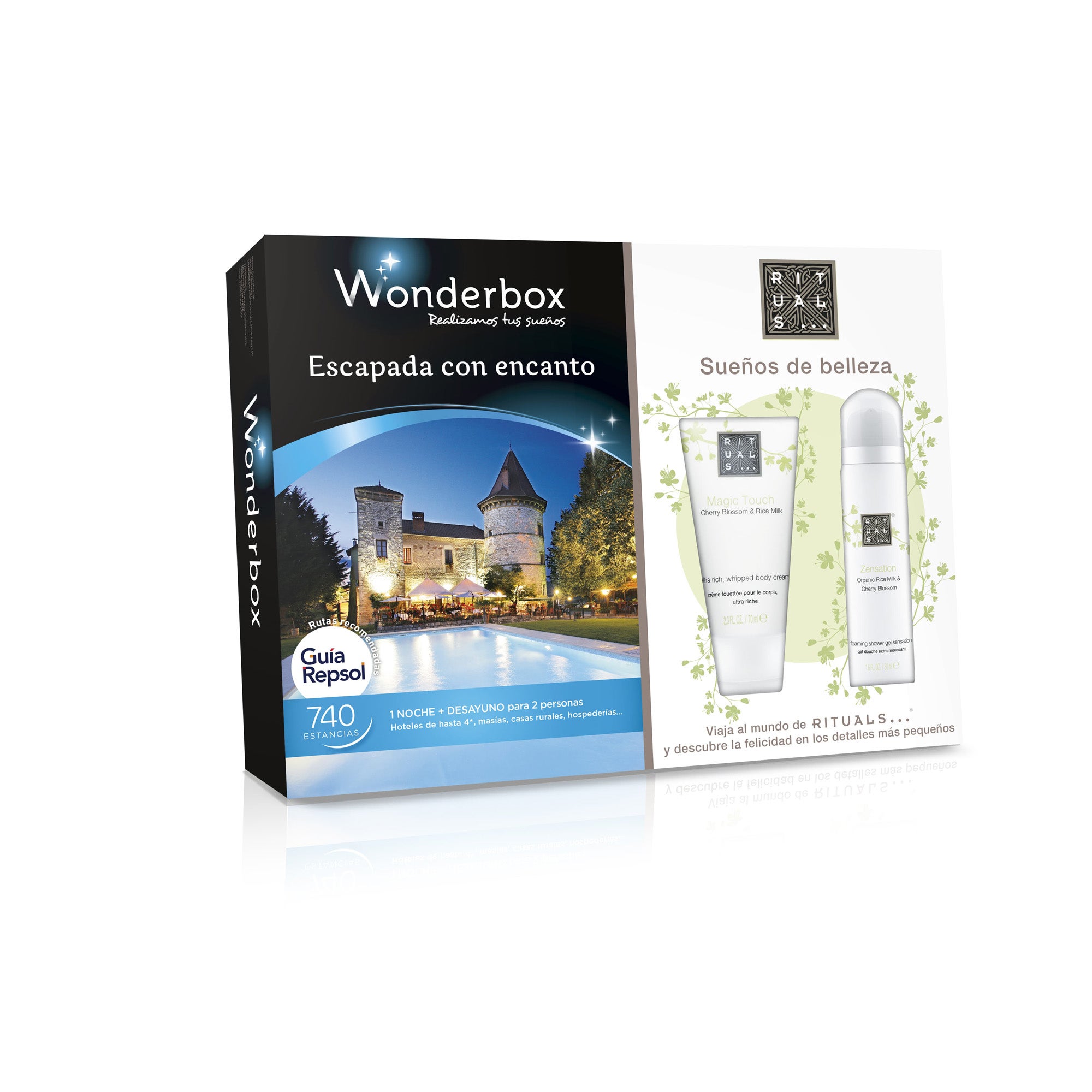 Edición limitada de venta en exclusiva en El Corte Inglés con el cofre de Wonderbox Escapada con encanto (59,90€), dos productos de la colección SaKura de Rituals: crema corporal Magic Touch ultra nutritiva y espuma de ducha Zensation.