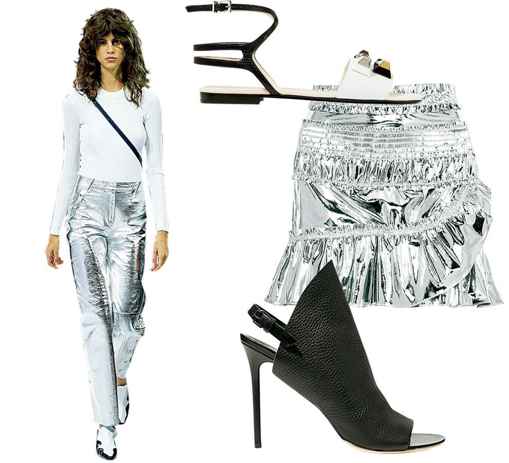 Plata. Pantalón con sandalia plana o falda con tacones. (Fendi, Courreges, Balenciaga, Isabel Marant)