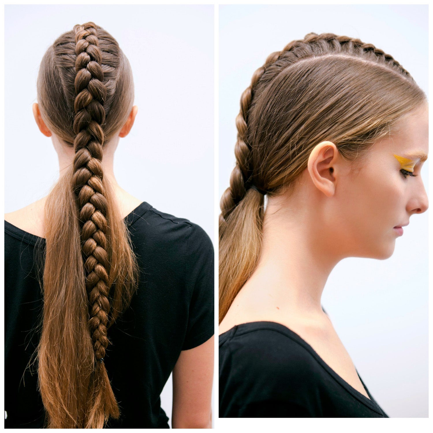 Magnífica trenza francesa con aires mohicanos que surge en la frente y acaba en la cintura. Se combina con coleta de pelo liso.