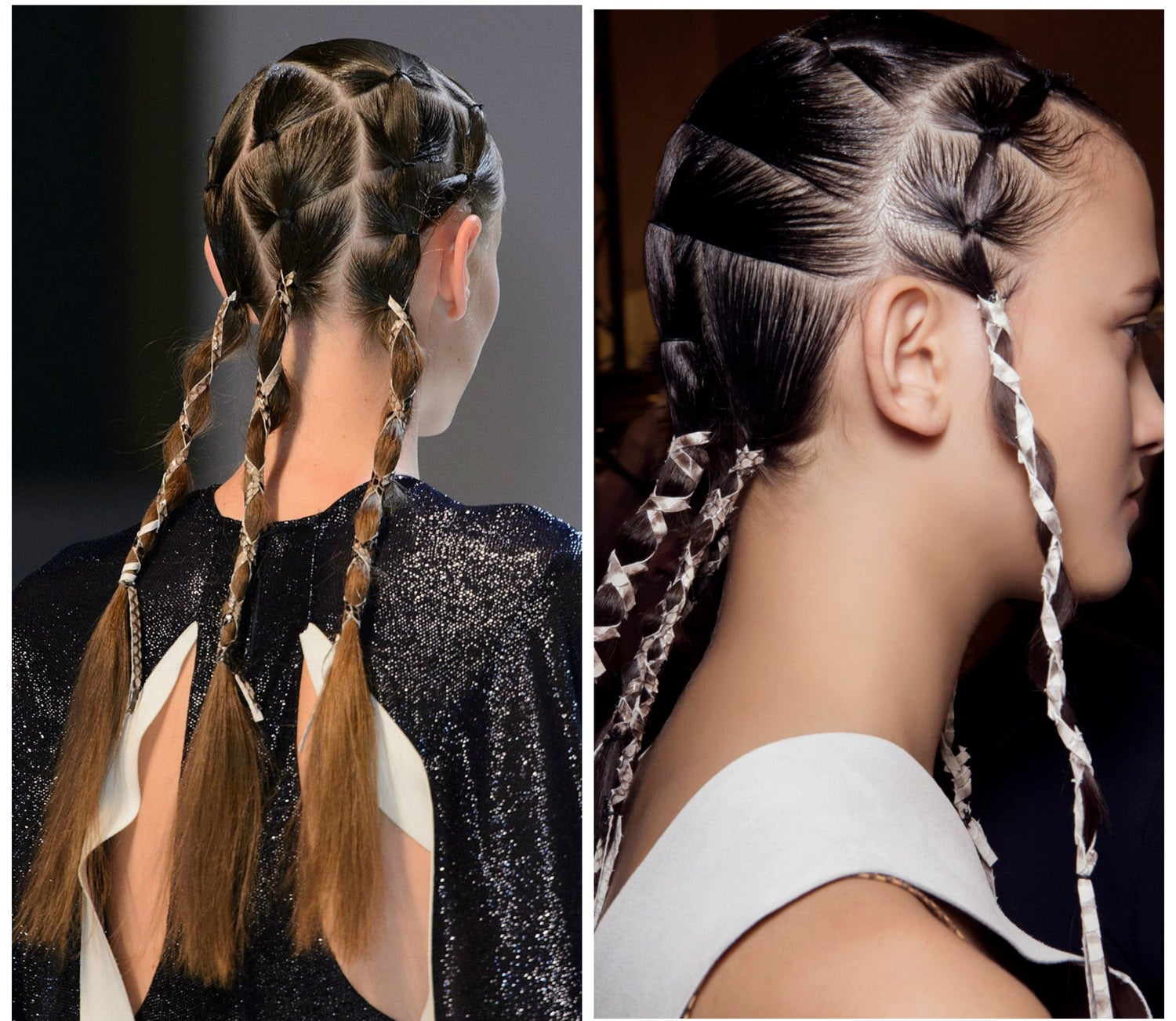 Estilo tribal en las trenzas que elabora un diseño geométrico en la cabeza y se adorna de cintas.