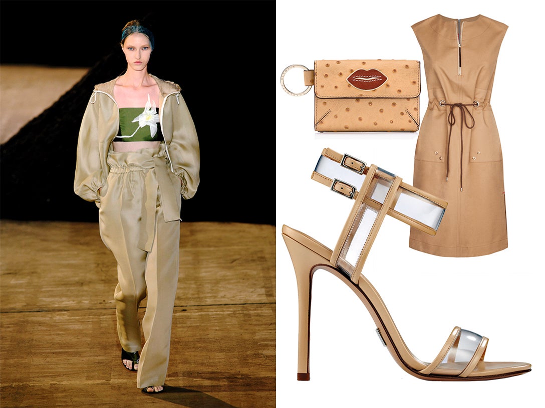 Los tonos arena, desérticos, del beis al camel, destacan esta temporada. Y lo hacen en looks versión folk (con estampados florales) o de inspiración sahariana (incluso con materiales cálidos, como el ante). Prendas, sandalias y bolsos ponen el toque árido más sofisticado a este verano. (Purificación García, Michael Kors,  Phillip Lim, Charlotte Olympia)