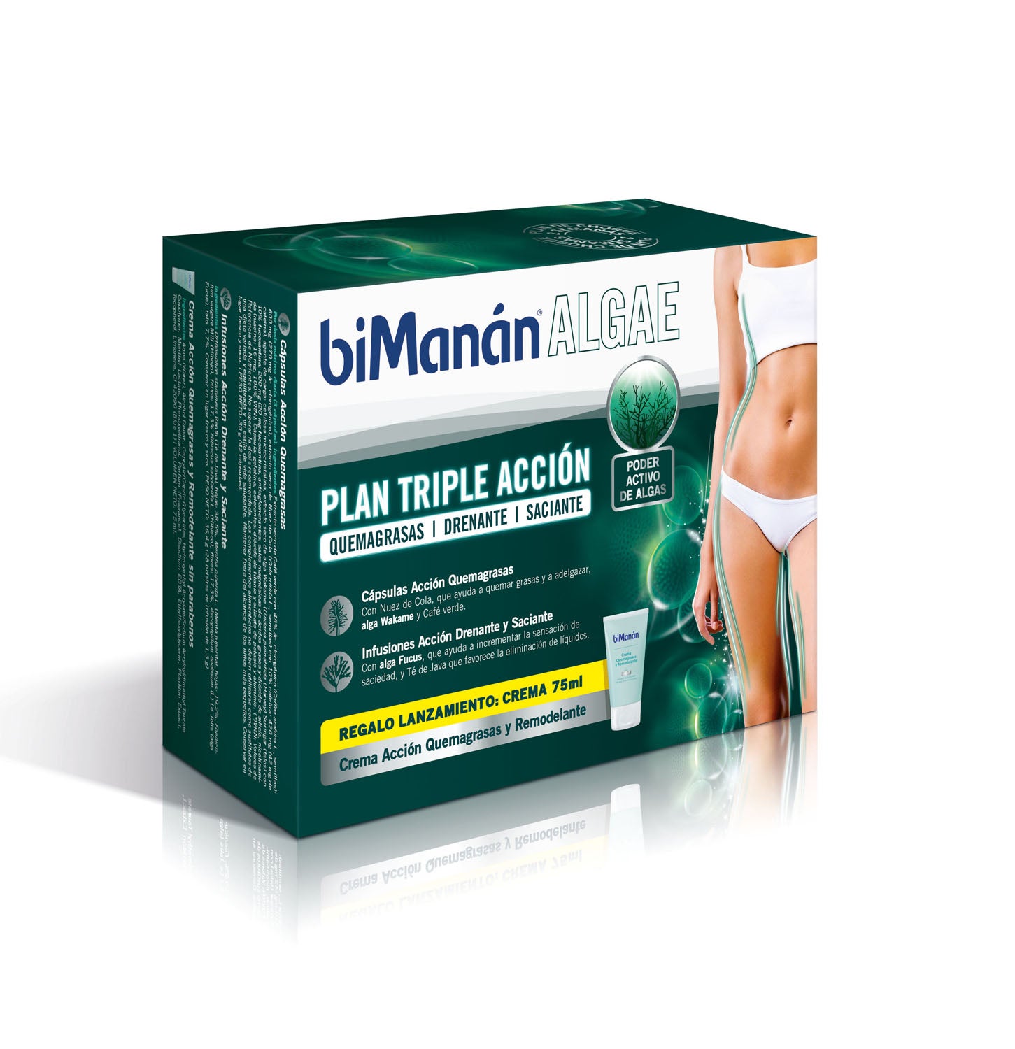 Un plan integral para la pérdida de peso basado en el poder activo de las algas, para una acción global sobre la silueta durante las 24 horas del día, dos semanas. Aúna el poder de 3 potentes algas: Alga Fucus, Tisochrysis Lutea y Undaria Pinnatifida para actuar sobre el organismo desde 3 frentes. Contiene: 42 cápsulas de acción quemagrasa; 28 sobres de infusión de acción drenante y saciante y un tubo de crema de aplicación tópica quemagrasa y remodelante. (35€, farmacias, parafarmacias y tiendas de dietética).