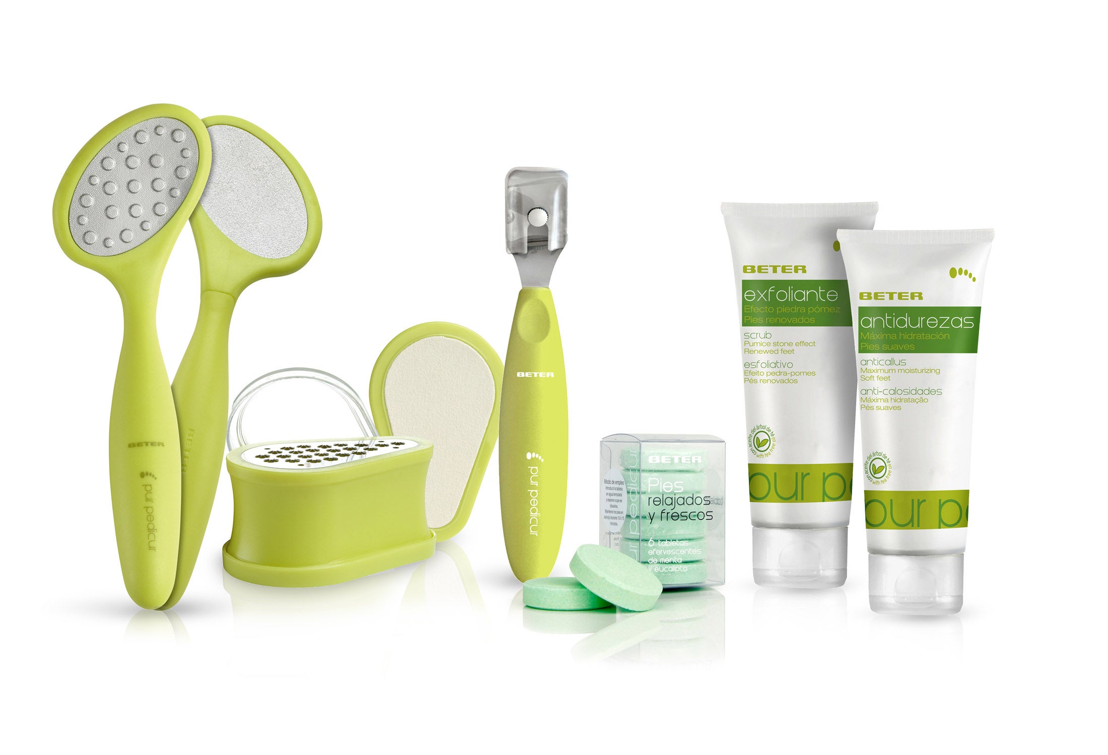 Accesorios y cosméticos para combatir cualquier dureza de los pies: cortacallos con bisagra y protector de cabezal (10,60€), quitadurezas con depósito para recoger los residuos (6€), lima láser Pur Pedicur (6,35€), crema exfoliante efecto piedra pómez (6,10€), crema hidratante antidurezas (6,10€) y pastillas efervescentes eucalipto (5,65 €).