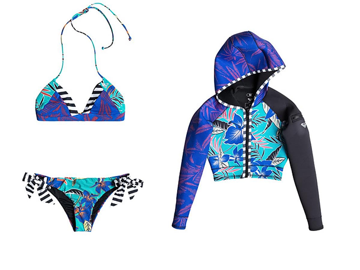 Nada como la ropa de Roxy para animarte a empezar a practicar surf este verano. Si no quieres neopreno completo puedes optar por llevar solo una chaqueta de este tejido sobre un bikini