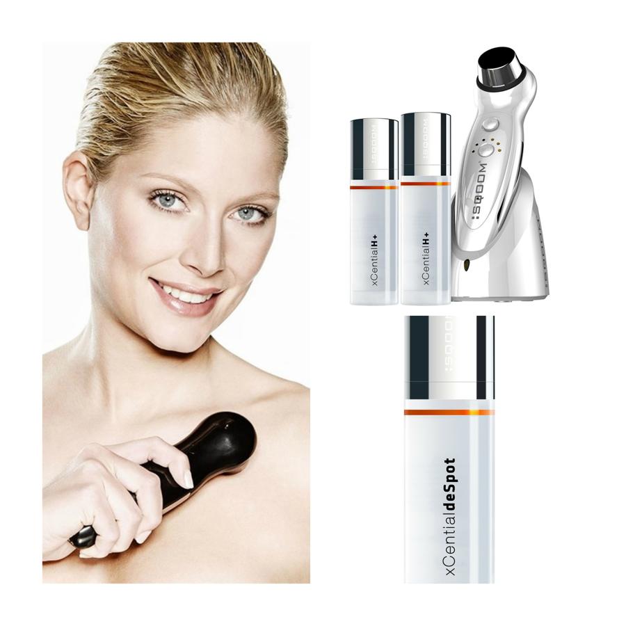 Dispositivo de ultrasonidos con 7 programas en combinación con los tratamientos de agentes activos xCential. Sérum Spot aclara las manchas. Sqoom. (Aparato 700 €, sérum 99€ www.sqoom.es)