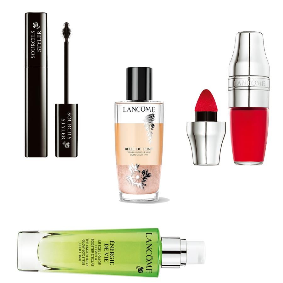 Máscara para cejas Sourcils Styler (25,50 €). Energie de Vie Liquid Care (60 €). Fondo Belle de Teint Trio Fluide Belle Mine (47 €). Labial Juicy Shaker (22 €).