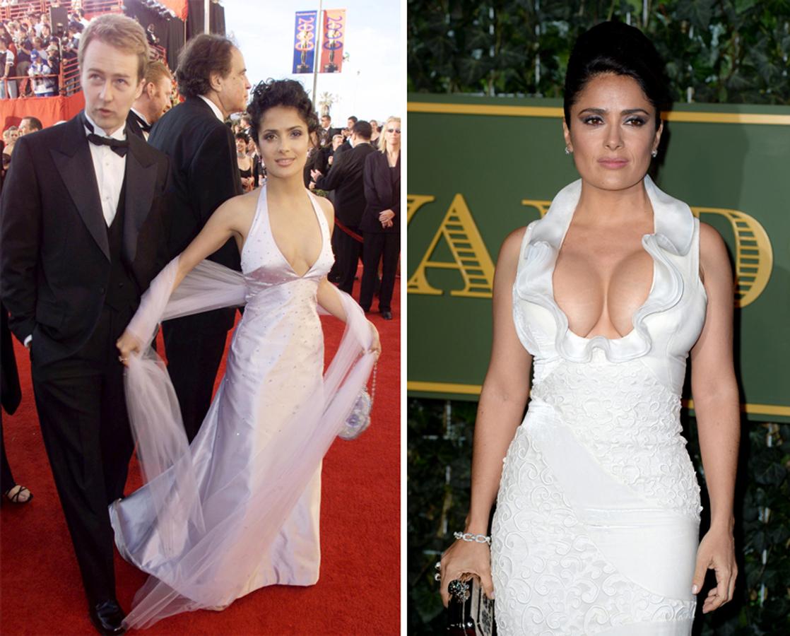 Admitamos que Salma Hayek siempre ha tenido un generoso busto... Sin embargo, la actriz mexicana no ha tenido reparos en aumentarlo con el paso de los años, aunque ella no lo haya reconocido nunca del todo. En 2000 (foto de la izquierda) acudió a la gala de los Oscar junto a Edward Norton presentando un pecho grande pero no tan voluminoso como en 2015 (derecha), que parece estar a punto de reventar el vestido.