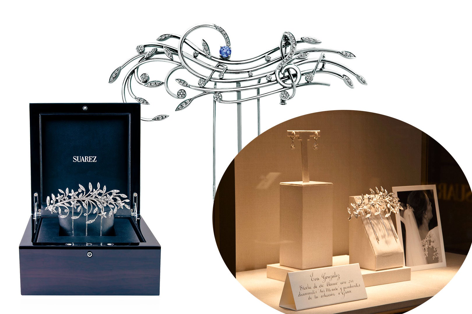 Desde 1943 la joyería Suarez ha creado más de 3.000 diseños de piezas únicas para novias. Ahora reune en una exposición en Madrid (Serrano, 63) algunas de las más significativas. Hasta el próximo día 30 pueden verse diseños como la sortija de pedida de la reina Letizia o el adorno de pelo (foto grande) con 120 brillantes que lució Sara Verdasco en su boda hace unas semanas. También piezas de Eva González (la peineta de la caja), Helen Lindes, Rosario Domecq...