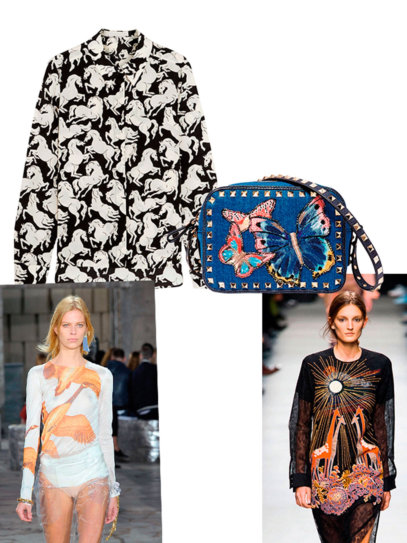 Patos, tigres, jirafas, gatos y caballos saltan a los tejidos de verano en todas sus versiones (realistas, conceptuales, en dibujo animado) y en cualquier técnica: estampado, bordado, en patchwork...No te pierdas en la jungla fashion. E.m. (Blusa de Stella McCartney y bolso de Valentino, Fotos desfile: Loewe, Rochas)