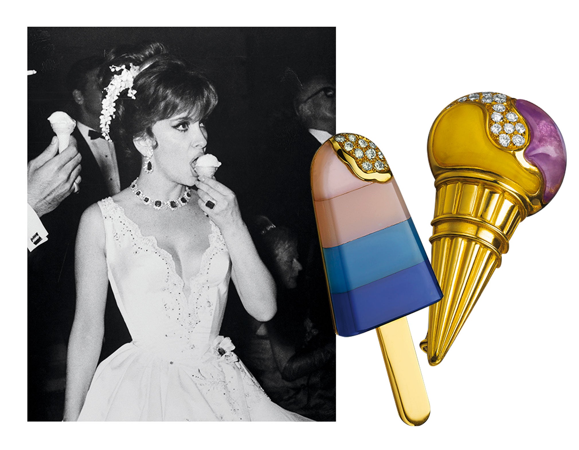 Uno de los iconos gastronómicos de Italia, el helado, protagoniza la última colección de joyería de Bulgari. Con forma de polo o de sorbete, estos dos broches son sus piezas centrales. (Broche en versión polo de la colección Bulgari-Bulgari roman Sorbets; El sorbete, con barquillo incluido, en oro y piedras preciosas; Gina Lollobrigida en una fiesta en Mónaco)
