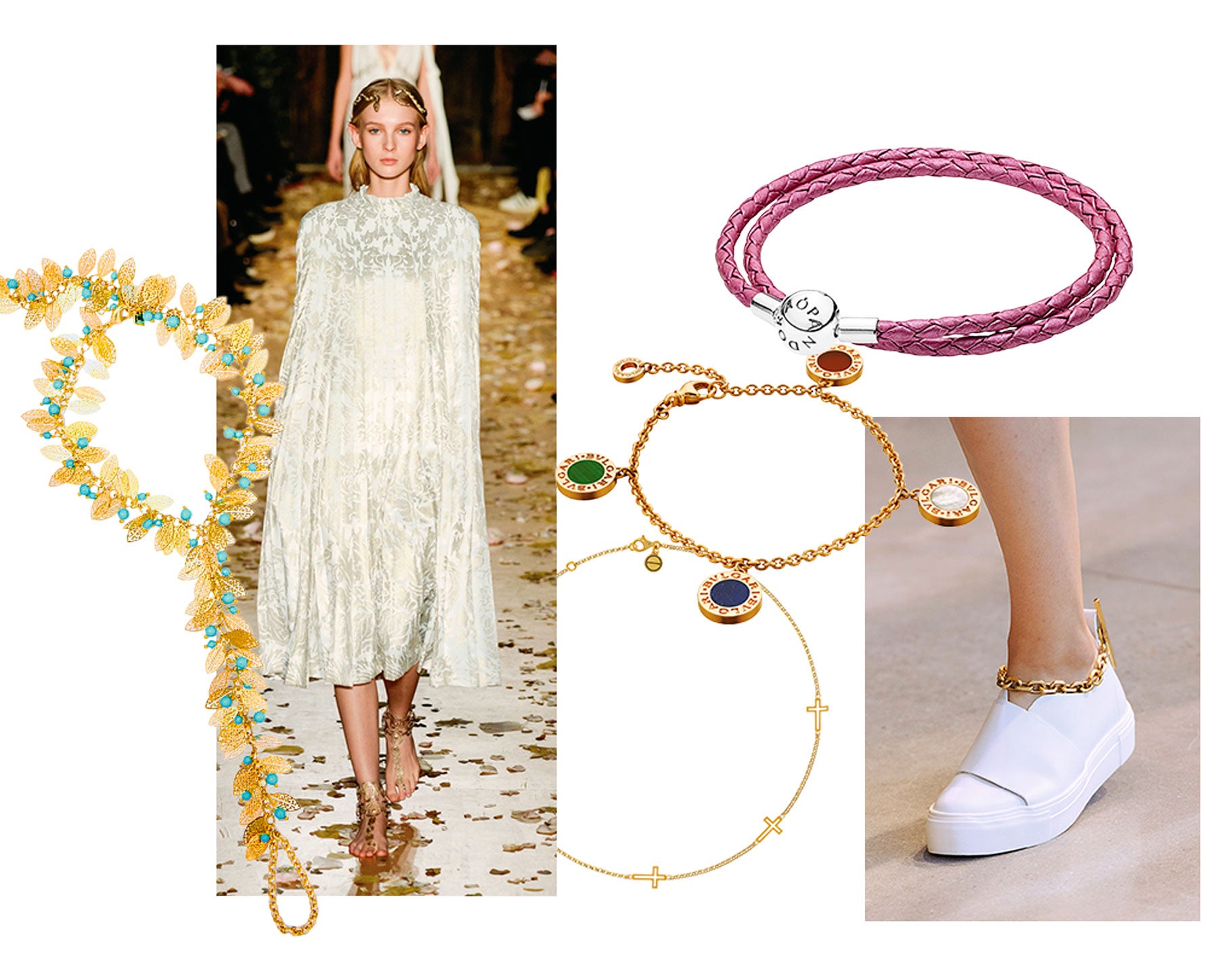 Las tobilleras vuelven para conquistar las playas y las pistas de baile. (Alta Costura. Desfile de Valentino; Rosantica, Aristocrazy, Bulgari, Pandora; Sport. De Calvin Klein)