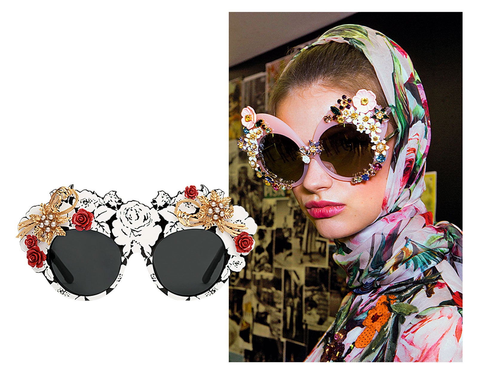 Con flores y aplicaciones, Dolce & Gabbana presenta cada temporada modelos de gafas artesanales en edición limitada, no aptos para minimalistas. (Gafas con aplicaciones de Dolce & Gabbana)
