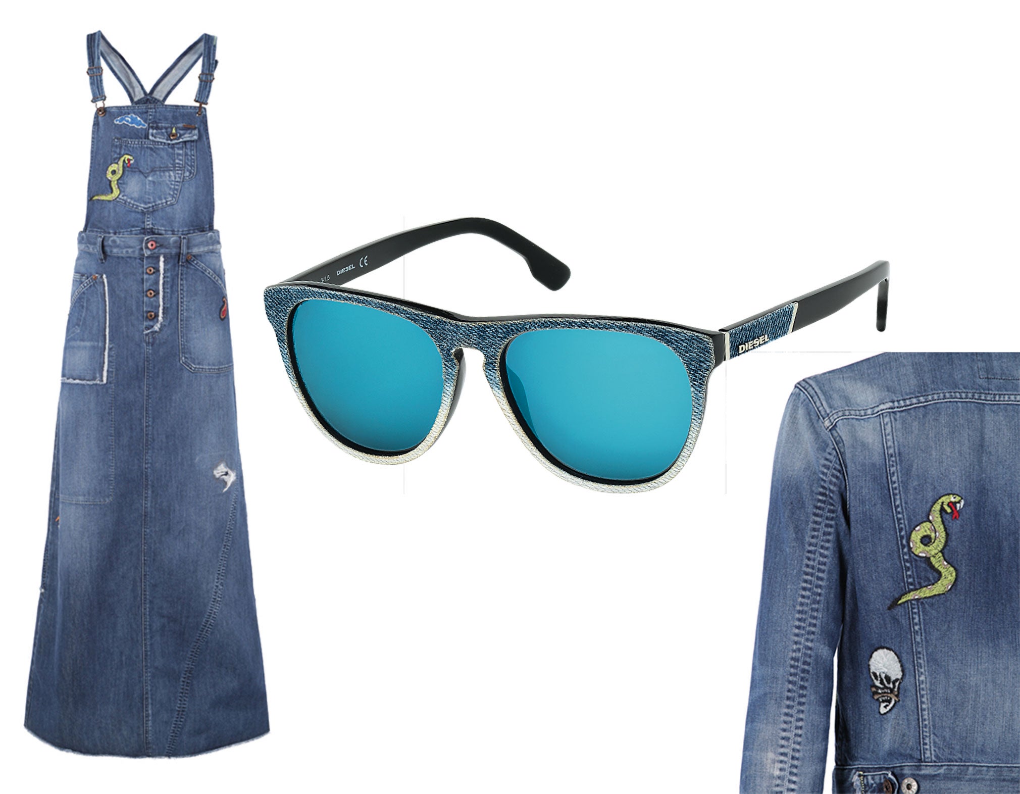 Ya sabes que el look total con prendas vaqueras es tendencia y que en tu pieza denim favorita debes ponerte algún bordado, casi como si de tatuajes se tratara, para dar en la diana. Pero para completarlo de verdad, la denimmanía llega también a las gafas. (Diesel Peto con bordados y gafas denim)