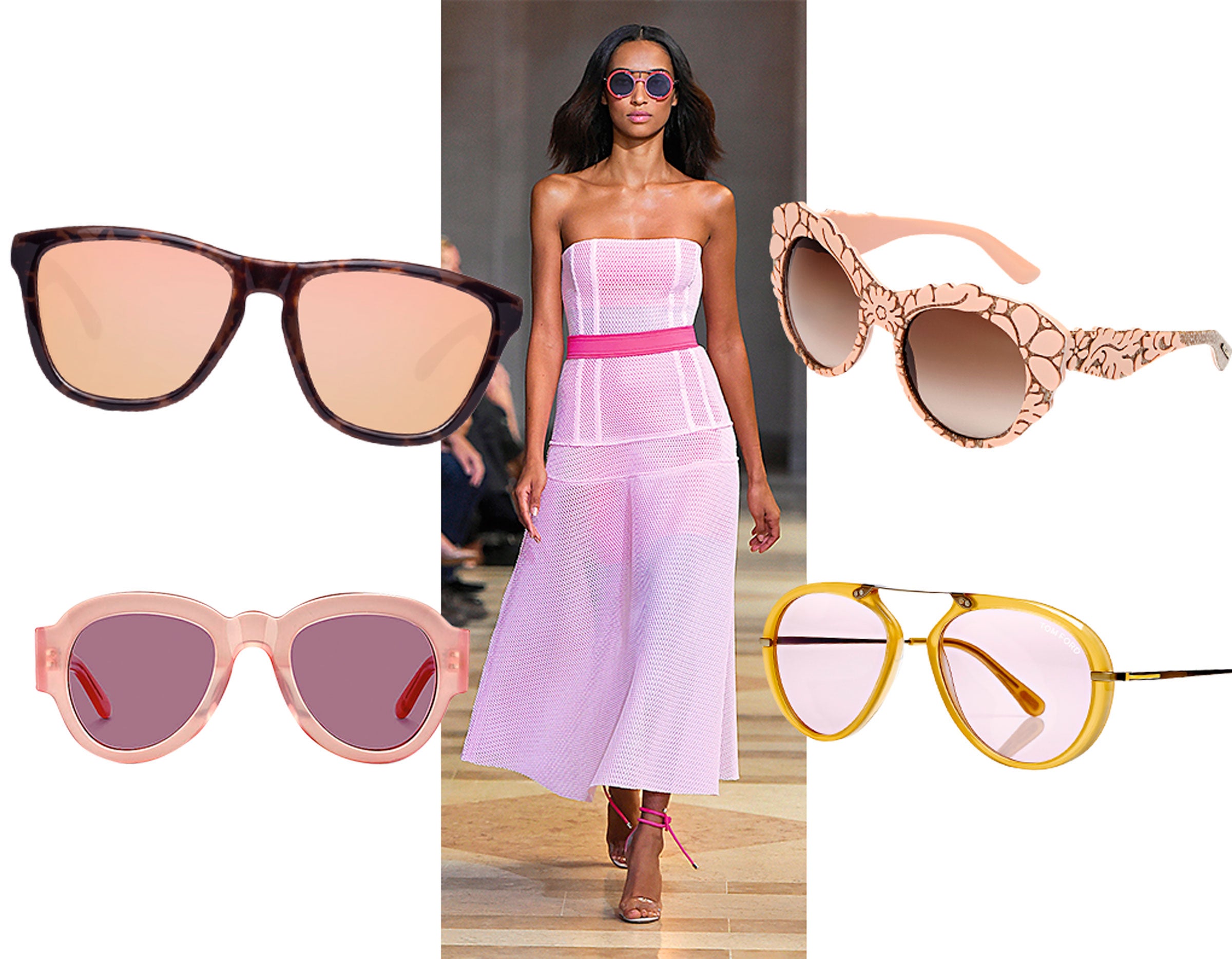 Rosa que te quiero rosa. Rosa la montura o rosa el cristal. O, mejor, ambos. La vida óptica se tiñe de este color en verano. A veces palo, otras tirando a salmón y, en ocasiones, rosa intenso como una golosina. Las gafas de sol tienen su versión más dulce en esta tendencia. (D&G, Hawkers, Tom Ford, Kaleos; Carolina Herrera)