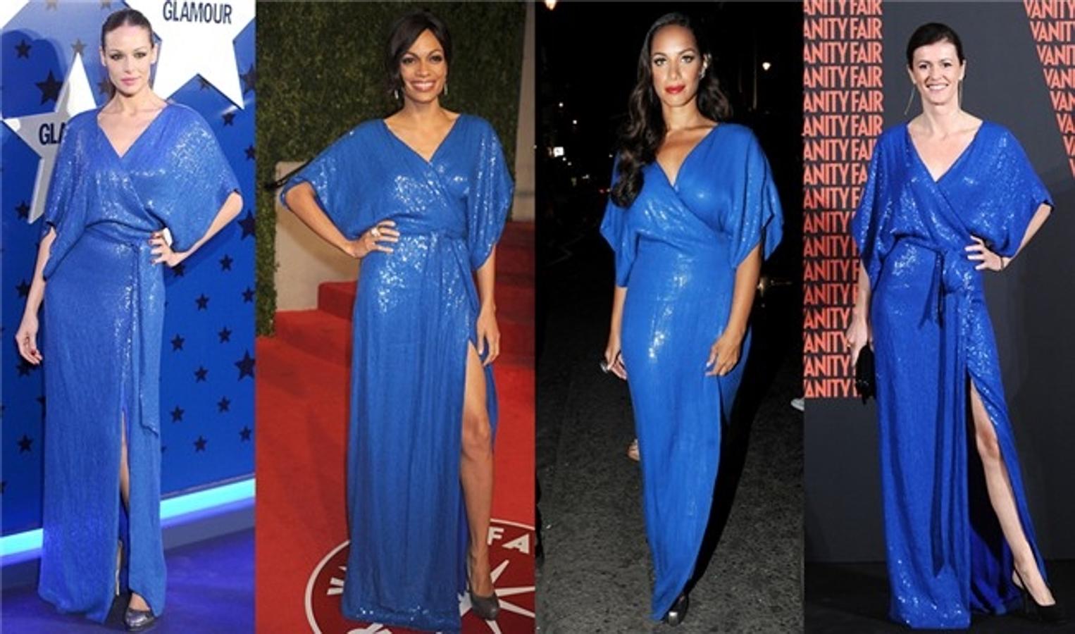 Un modelo túnica azul klein con lentejuelas de Diane von Furstemberg, cuatro mujeres completamente diferentes, y nosotras que no nos decidomos entre las dos Rosario...