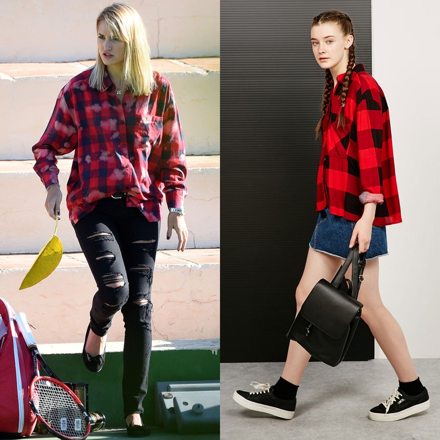 Para sacar partido al estilo grunge con una camisa estampada en tonos rojos, mejor cambiar bailarinas por zapatillas como proponemos en el look de la derecha que encontrará en Bershka