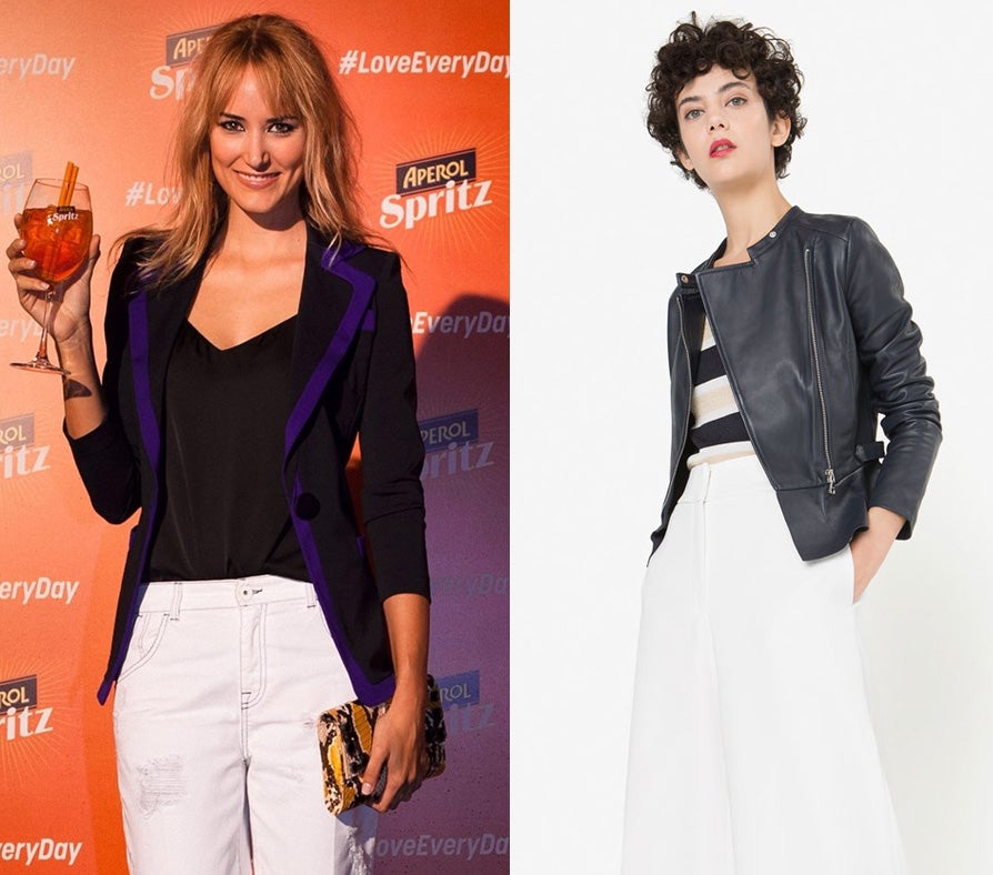 Para un evento, la modelo optó por un pantalón blanco con chaqueta de terciopelo de un estilo demasiado clásico para su edad. Mejor si hubiera optado por una cazadora de cuero como la que encontramos en Uterqüe