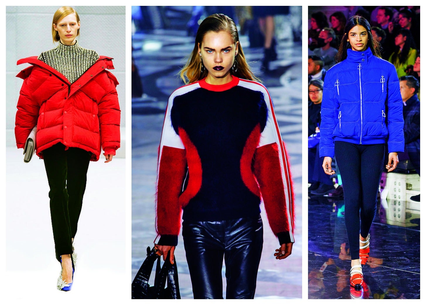 Esta vez es el esquí el deporte que se lleva el gato al agua de las tendencias. El plumas se viste de gala y se lleva con taconazo y ¡ojo! leggings con elásticos al pie. (Balenciaga, Courreges, Louis Vuitton)