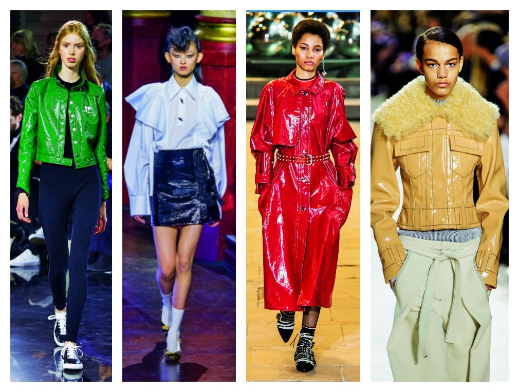 Los brillos metalizados del verano ceden el relevo al charol, al vinilo y al plástico. Los verás en prendas de lluvia y en minifaldas, cazadoras o pantalones. Envuélvete en charol y brillarás de nuevo. (Provenza Chouler, Kenzo, Courreges, I. Marant)