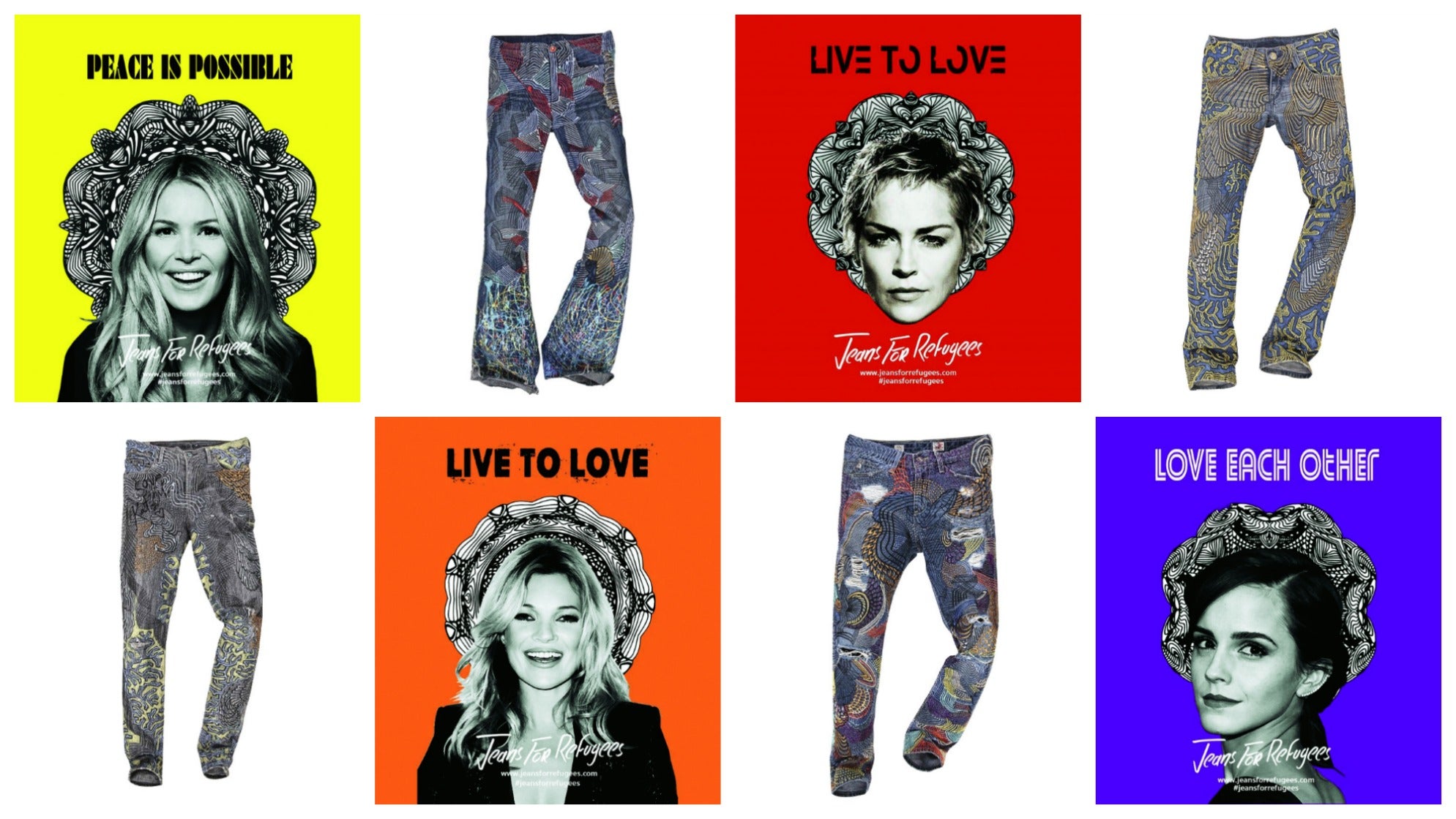 Jeans for Refugees es una propuesta del diseñador Johny Dar a la que se han sumado más de 100 famosos, donando sus vaqueros para subastarlos en internet por una causa justa. La recaudación irá al Comité Internacional de Restate (IRC) al refugiado. www.catawiki.es. (Elle McPherson, Kate Moss, Sharon Stone, Emma Watson)