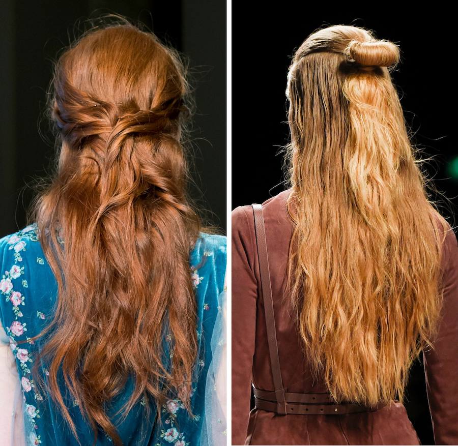 Súpermelenas en tonos pelirrojo y cobrizo. Beccaria (izda) utiliza unos mechones retorcidos para sujetarla detrás. Aigner (dcha) lo hace con una coleta que se repliega para convertirse en un moñito alto