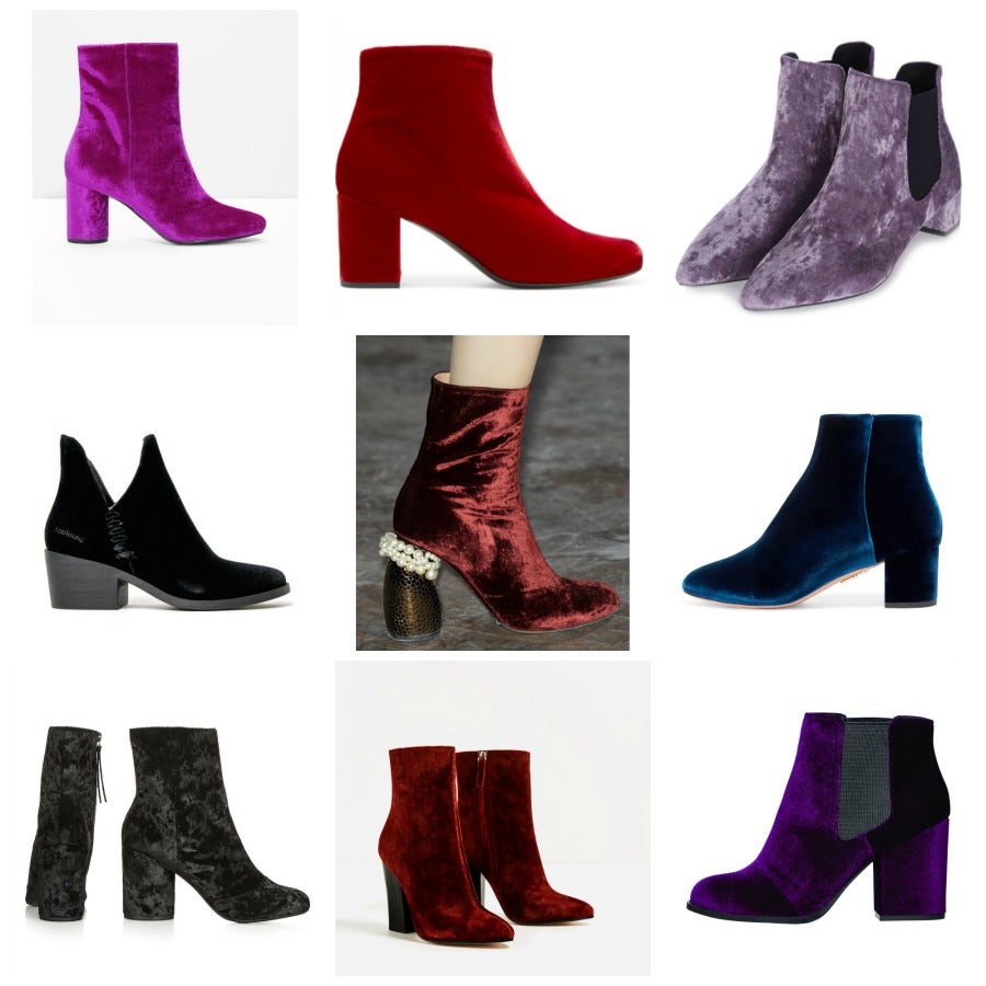 Además de las sandalias, los botines ofrecen su versión velvet este otoño en diferentes estilos y colores. De izquierda a derecha y de arriba a abajo: morados de &Other Stories (Precio: 145 euros), rojos de Yves Saint Laurent (Precio: 645 euros), planos de Topshop (Precio: 50 euros), estilo campestre de Coolway para El armario de la tele (Precio: 38.99 euros), la propuesta de Dries Van Noten vista sobre la pasarela, el modelo azul de Aquazzura (Precio: 625 euros), los negros de Topshop (Precio: 89 euros), con tacón y en rojo de Zara (Precio: 59.95 euros) y morados de Zalando (Precio: 19.95 euros).