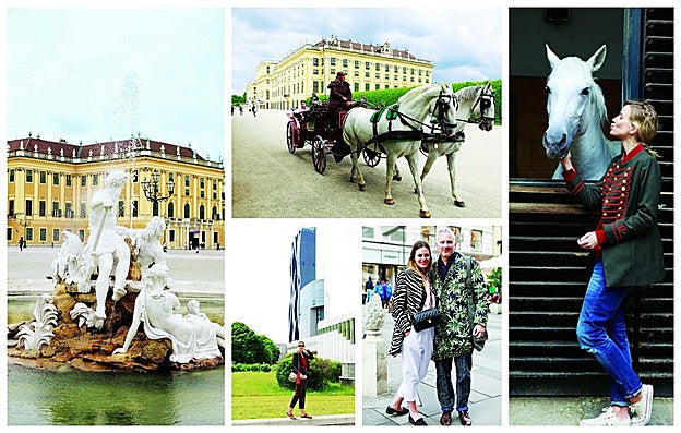 La torre DC Tower; dos viandantes a la última, en la Escuela Española de Equitación, y Palacio Schönbrun.
