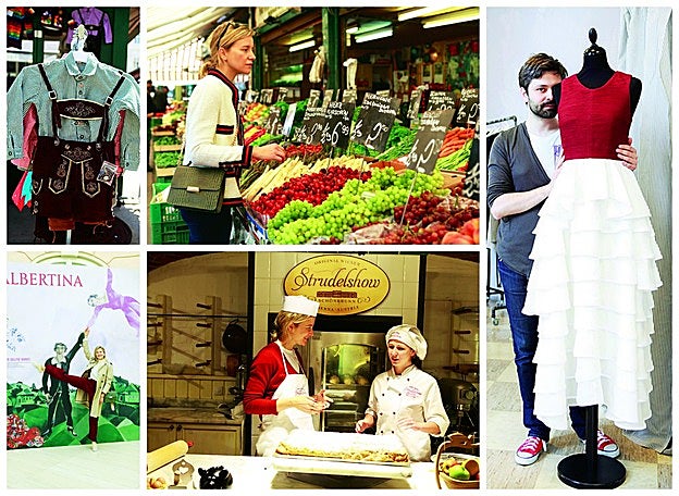 Preparando apfelstrudel en el café Residenz del palacio Schönbrun; en el Museo Albertina; y visita al mercado Naschmärkt. A la dcha. el diseñador Shakkei y traje tirolés.