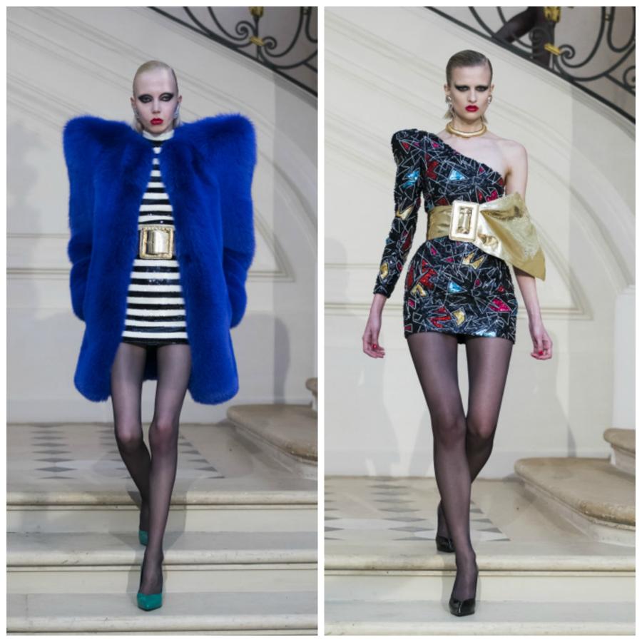 La última colección de Hedi Slimane para Yves Saint Laurent fue un homenaje a los años 80: volúmenes, maxicinturones y medias de cristal, negras, las más elegantes.