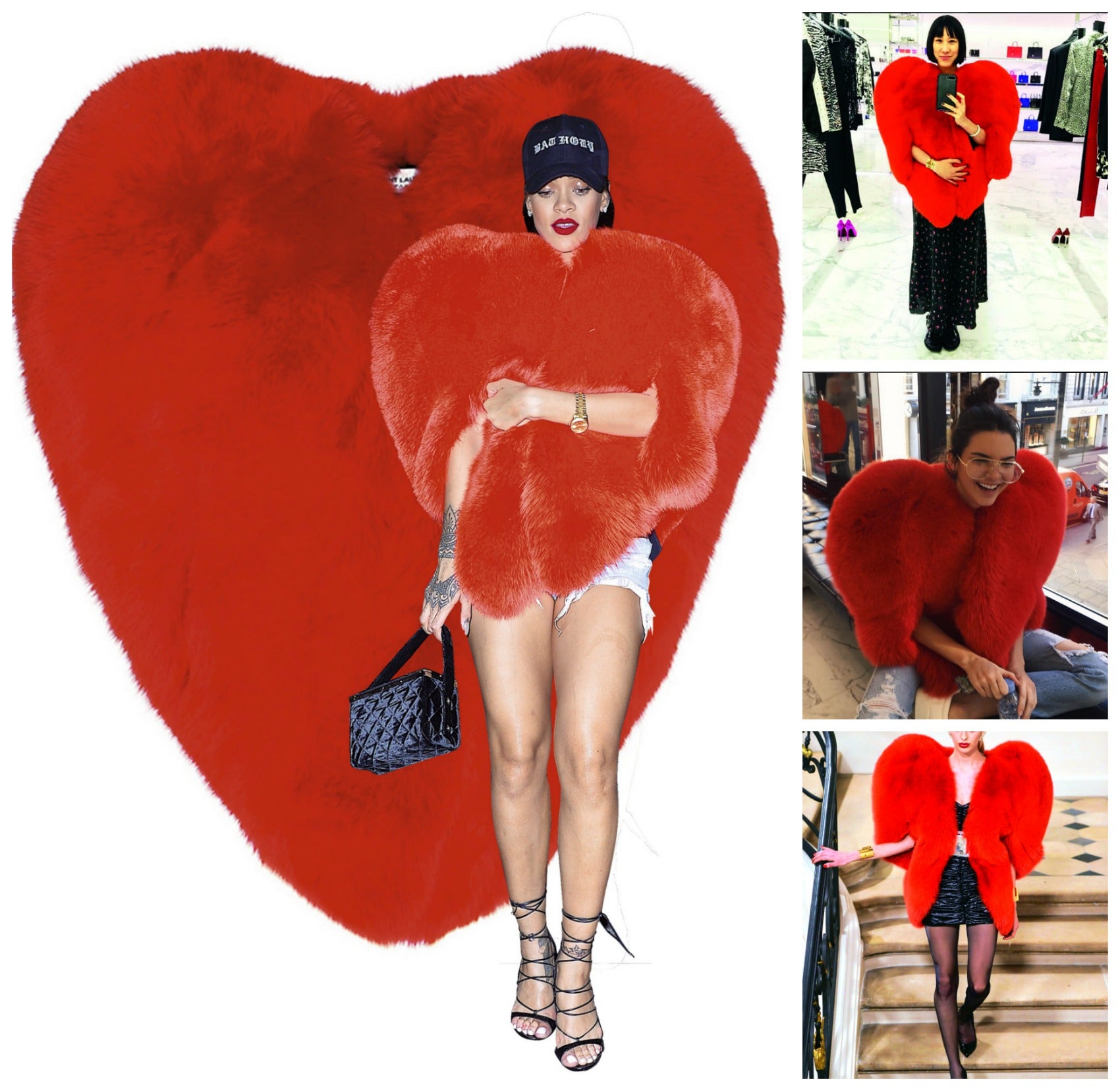 Maravilloso, pero imposible de llevar. Eso pensamos al ver el abrigo corazón que propuso Hedi Slimane en su último desfile para Saint Laurent. Sin embargo, lejos de verlo solo en revistas de moda, este peluche rojo ya es el abrigo favorito de las celebrities. De las más atrevidas, para ser más exactos, con Rihanna y Anna Dello Russo a la cabeza (ellas se lo ponen todo, "antes muertas que sencillas"). Y no han sido las únicas. Kendall Jenner demostró en su Instagram lo calentita y feliz que estaba envuelta en él y Eva Chen, la responsable de moda de Instagram, no se pudo resistir y también se inmortalizó con el corazón peludo. (El diseño de Slimane es el abrigo más fotografiado: En la foto grande, Rihana. Arriba, Kendal Jenner y Eva Chen. Junto a estas íneas, en el desfile)