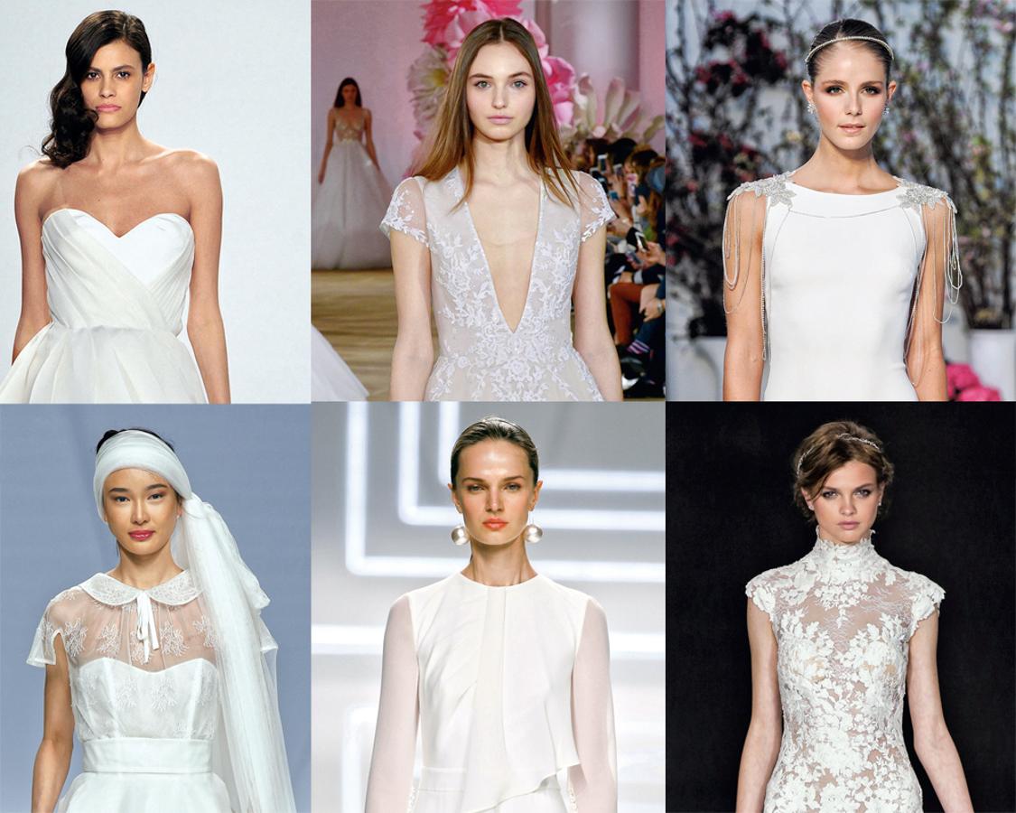 Seis son los más representativos en los vestidos que llegan. Aquí puedes elegir el que mejor se adapte a tu gusto y tus curvas. De izquierda a derecha: Corazón: Kleinfeld. Uve: Ines Di Santo. Barco: Anne Barge. Bebé: Cymbeline. Caja: Rosa Clará. Alto: Pronovias.